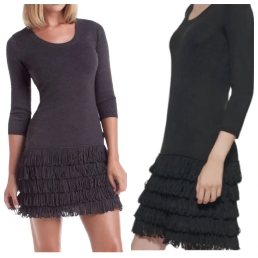 CALVIN KLEIN Fringe Hem Black Sweater Dress - Picture 1 of 10